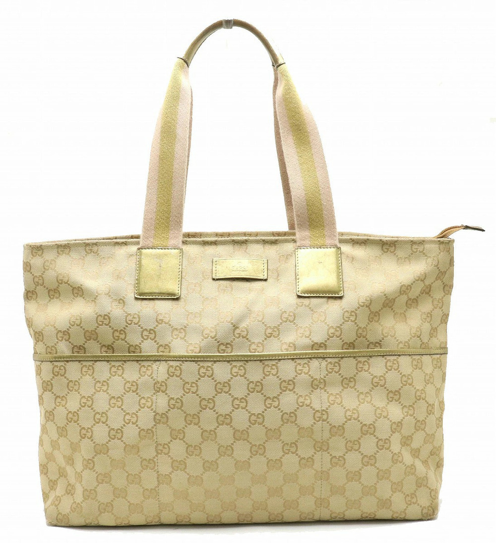 Gucci GG Canvas Leather Mothers Bag Tote Shoulder Beige Brown Cream Gold Pink